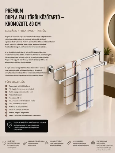 Premium double wall-mounted towel rail – chrome-plated, 60 cm