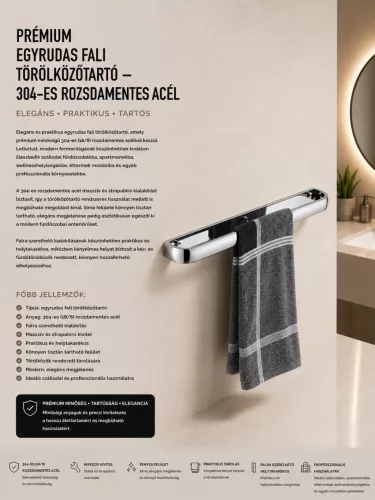 Premium single-bar wall-mounted towel rail – 304 stainless steel (K10-790-01)