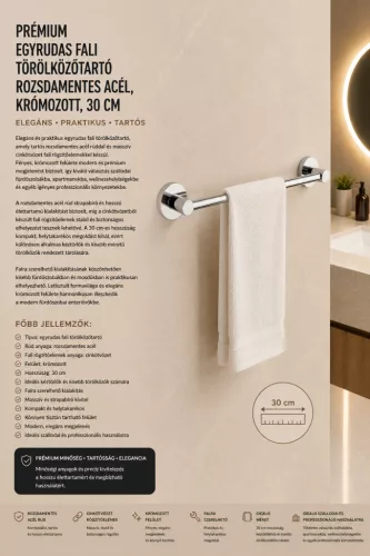 Premium single-bar wall-mounted towel rail – stainless steel, chrome-plated, 30 cm
