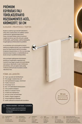 Premium single-bar wall-mounted towel rail – stainless steel, chrome-plated, 50 cm