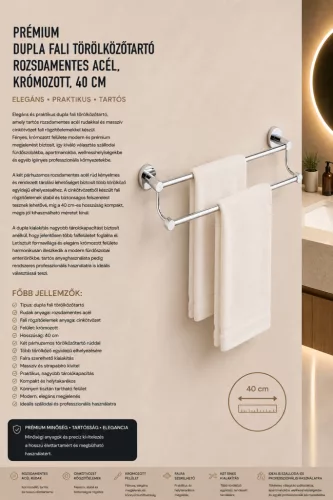 Premium double wall-mounted towel rail – stainless steel, chrome-plated, 40 cm