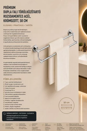 Premium double wall-mounted towel rail – stainless steel, chrome-plated, 50 cm