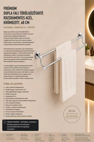 Premium double wall-mounted towel rail – stainless steel, chrome-plated, 60 cm
