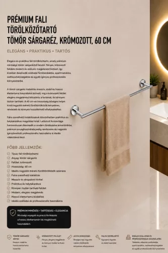 Premium wall-mounted towel rail – solid brass, chrome-plated, 60 cm