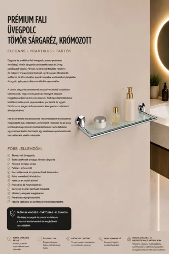 Premium wall-mounted glass shelf – solid brass, chrome-plated