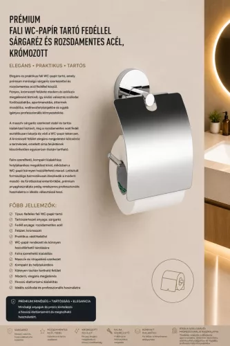 Premium wall-mounted toilet roll holder with cover – brass and stainless steel, chrome-plated