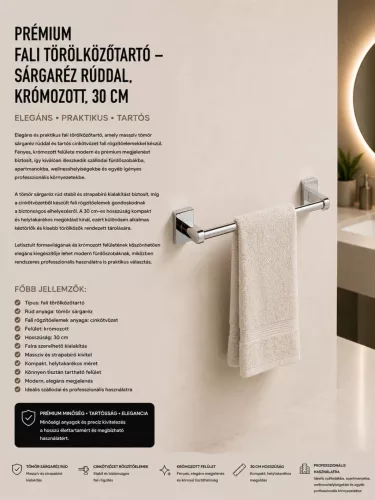 Premium wall-mounted towel rail – with brass bar, chrome-plated, 30 cm