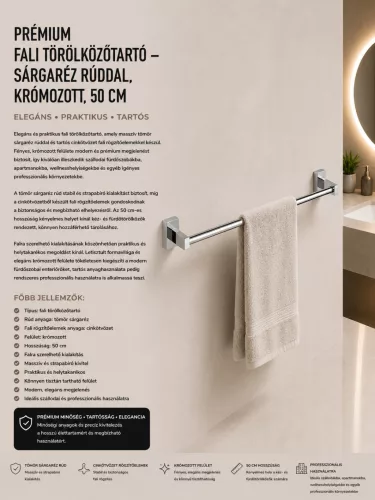 Premium wall-mounted towel rail – with brass bar, chrome-plated, 50 cm