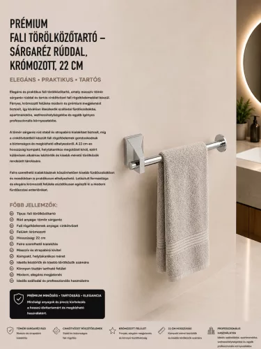 Premium wall-mounted towel rail – with brass bar, chrome-plated, 22 cm