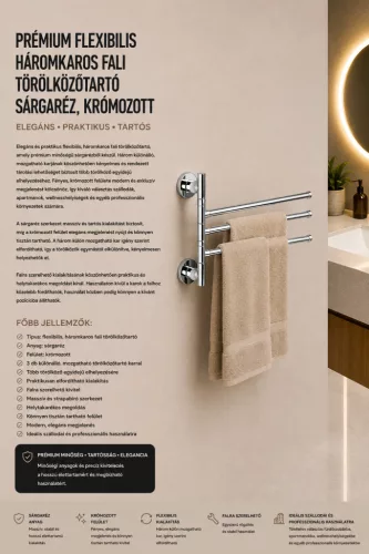 Premium three-arm swivel wall-mounted towel rail – brass, chrome-plated