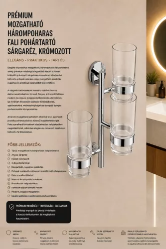 Premium swivel wall holder for three tumblers – brass, chrome-plated