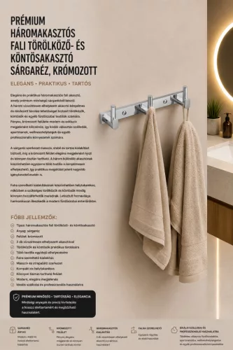 Premium with three hooks wall towel and robe hook – brass, chrome-plated