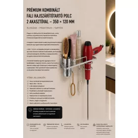   Premium wall-mounted hairdryer shelf with 2 hooks – 350 × 120 mm