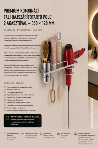 Premium wall-mounted hairdryer shelf with 2 hooks – 350 × 120 mm