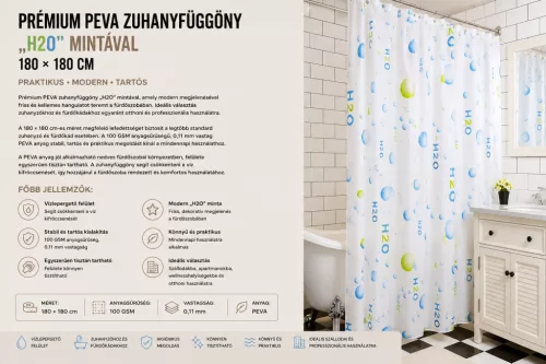 Premium PEVA shower curtain „H2O” with pattern – 180 × 180 cm