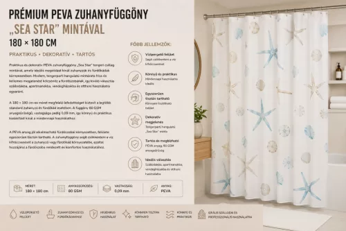 Premium PEVA shower curtain „Sea Star” with pattern – 180 × 180 cm