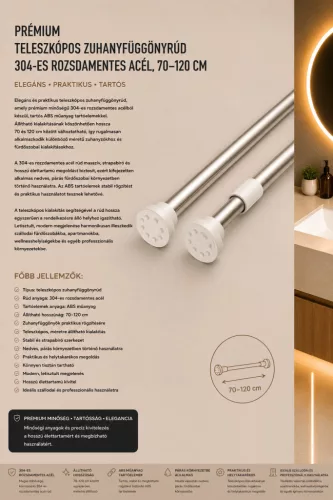 Premium telescopic shower curtain rod – 304 stainless steel, 70–120 cm