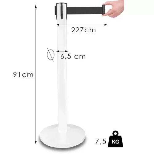 White barrier post, with 225cm black belt cassette, 7.5kg (NO-white)