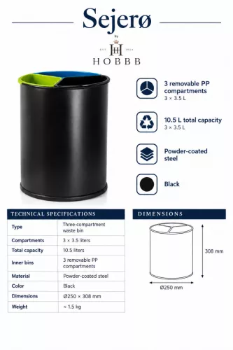 HOBBB Sejerø recycling guest room waste bin, 10 l