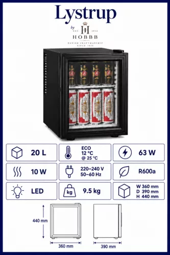 HOBBB Lystrup minibar fridge, 20 l