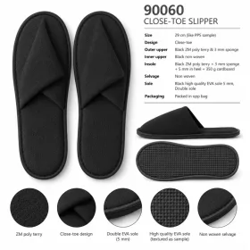 Black terry closed-toe hotel slippers