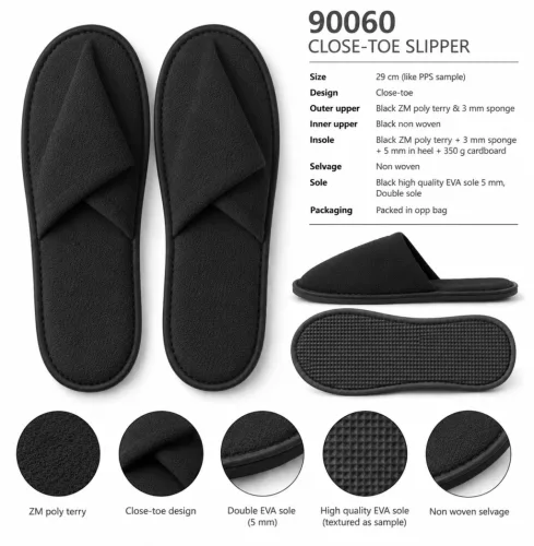 Black terry closed-toe hotel slippers