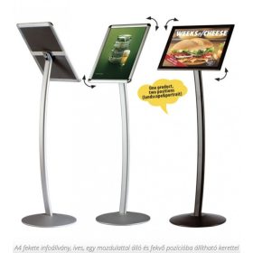   A4 black info stand, curved, with a frame that can be adjusted to vertical and horizontal positions with one movement