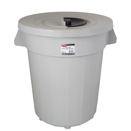 Planet Round trash can, with lid, plastic, eco gray, 120 L