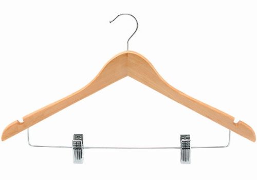 Wooden coat hanger with trouser clips