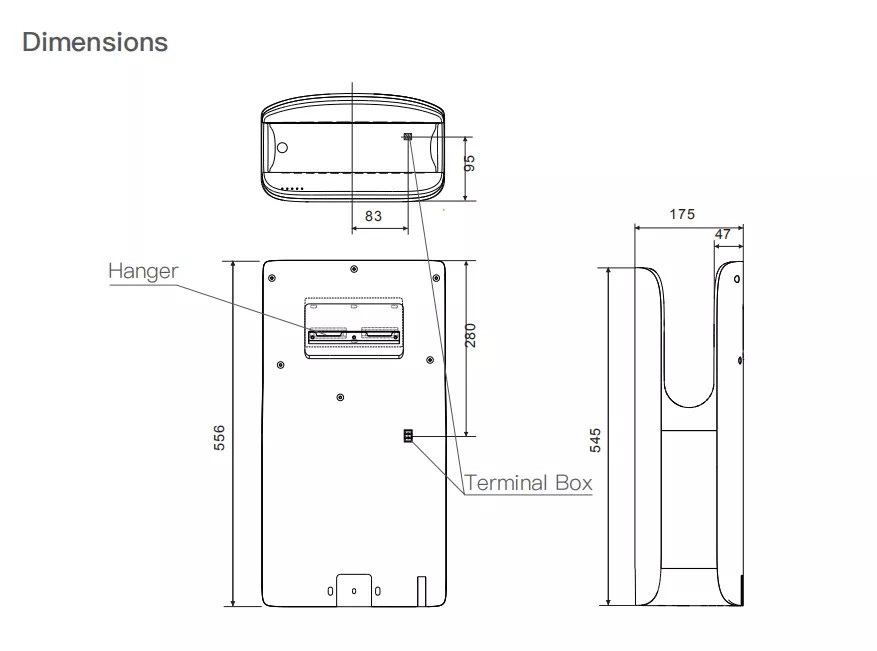 AK2065 airblade hand dryer technical drawing